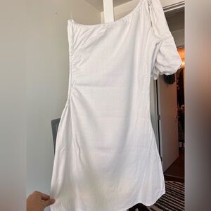 One Shoulder White Linen Blend Dress